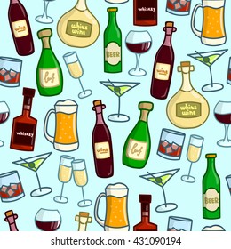 hand drawn cocktails and soft drinks. Alcohol drinks seamless pattern. Bottles for restaurants and bars.