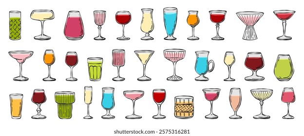 Coquetéis desenhados à mão conjunto de ilustração vetorial. Coleção Doodle bebe ícones para design de logotipo, banners, design de cartaz, cartões de saudação, menu de barras, convites de casamento. Silhuetas para bebidas simples