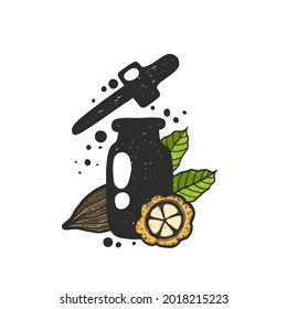 Hand drawn cocoa bean essential oil sketch style. Aromatherapy, folk and alternative medicine. Grunge stylized ink theobroma illustration. Isolated bottle with oil engraved drawing of leaves. 