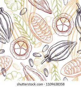 Hand drawn cocoa bean on white background. Vector seamless pattern