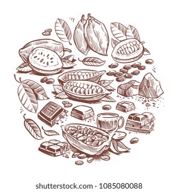 Granos de cacao dibujados a mano, diseño de chocolate. Gráfico vectorial de árbol de cacao de perro aislado en fondo blanco. Ilustración del dibujo de ingredientes para bebidas calientes