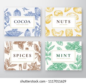 Hand Drawn Cocoa Beans, Mint, Nuts and Spices Cards Set. Abstract Vector Sketch Backgrounds Collection with Classy Retro Typography. Hand Drawn Cacao, Nuts, Mint Branches and Spices. Isolated.