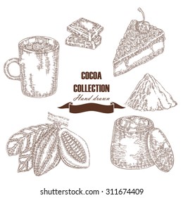 Hand Drawn Cocoa Beans. Cocoa Pod, Chocolate Cake, Marshmallow, Hot Chocolate In Sketch Style. Vector Set