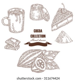 Hand drawn cocoa beans. Cocoa pod, chocolate cake, marshmallow, hot chocolate in sketch style. Vector set
