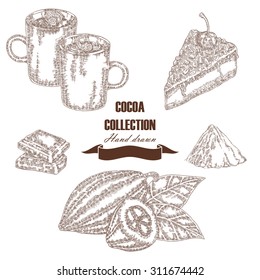 Hand drawn cocoa beans. Cocoa pod, chocolate cake, marshmallow, hot chocolate in sketch style. Vector set