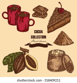 Hand drawn cocoa beans. Cocoa pod, chocolate cake, marshmallow, hot chocolate in sketch style. Vector set