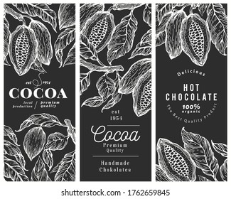 Hand drawn cocoa design template. Vector cacao plants illustrations on chalk board. Vintage natural chocolate background