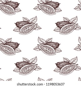 Hand drawn cocoa seamless pattern. Engraved style illustration. Botanical vintage background with cocoa beans. Use for packaging, advertising design, textiles, printing on paper, postcards.
