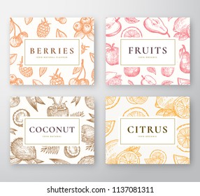 Hand Drawn Coconut, Citrus, Berries and fruits Cards Set. Abstract Vector Sketch Backgrounds Collection with Classy Retro Typography. Coconuts, Cherries, Lemon, Apple and Pear Sketches. Isolated.