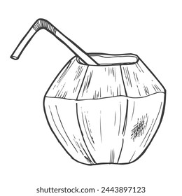 Hand drawn coconut cocktail isolated on a white background. Doodle, simple outline illustration.