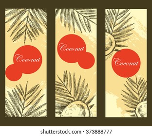 Hand drawn coconut design template. Cocktail isolated on vintage background. Retro sketch style vector tropical food illustration.