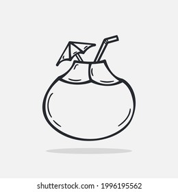 Hand drawn coconut drink icon Design Template. vector sketch doodle illustration isolated on white background. Summer vacation and leisure symbol. Perfect For coloring books and stickers.