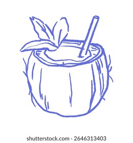 Hand drawn coconut drink with straw and mint in naive pastel chalk style. Vector illustration for tropical summer menus, beachwear design, relaxed exotic branding concepts.