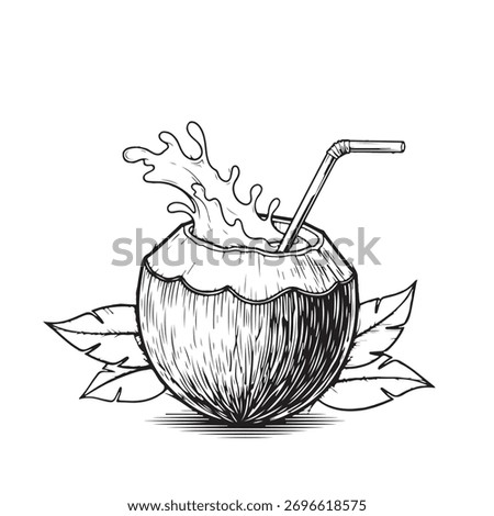 Hand drawn coconut drink with straw isolated on white background in vintage style design
