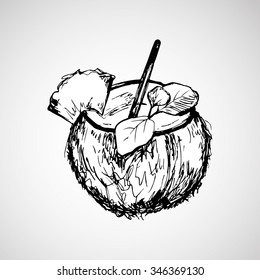 Hand drawn coconut with stick and mint leafs