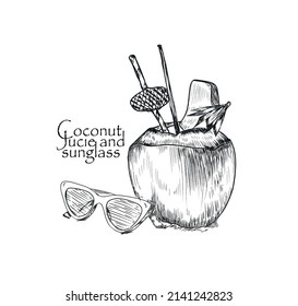 Hand drawn Coconut With sunglass ,Hand drawn sketch style tropical fruits set isolated on white background.