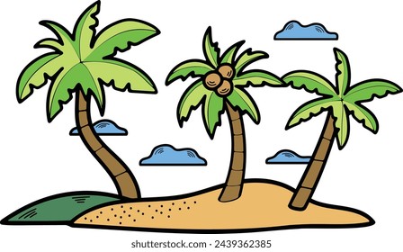 Hand Drawn Coconut tree in the middle of the sea in flat style isolated on background