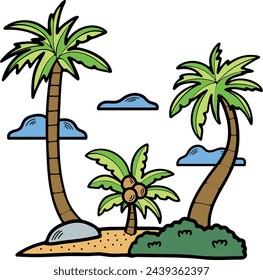 Hand Drawn Coconut tree in the middle of the sea in flat style isolated on background