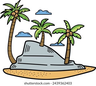 Hand Drawn Coconut tree in the middle of the sea in flat style isolated on background