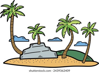 Árbol de coco dibujado a mano en el medio del mar en estilo plano aislado en el fondo