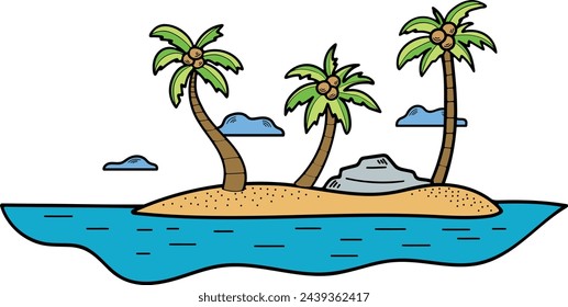 Hand Drawn Coconut tree in the middle of the sea in flat style isolated on background