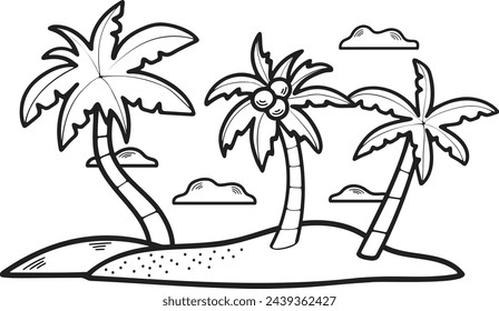 Hand Drawn Coconut tree in the middle of the sea in flat style isolated on background