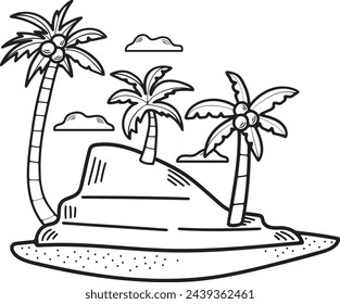 Hand Drawn Coconut tree in the middle of the sea in flat style isolated on background
