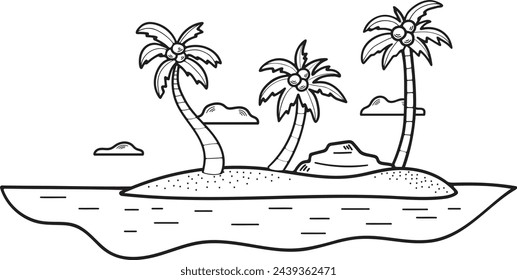 Hand Drawn Coconut tree in the middle of the sea in flat style isolated on background