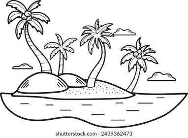 Hand Drawn Coconut tree in the middle of the sea in flat style isolated on background