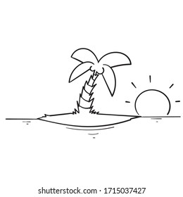 hand drawn coconut tree on a small island with sunlight behind it. in doodle style vector