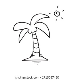 hand drawn coconut tree on a small island with sunlight behind it. in doodle style vector