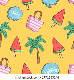 handgezeichnete Kokosnuss-Bäume, Wassermelone und Frauen-Sack nahtloser Muster-Hintergrund