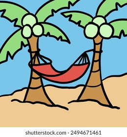 Hand drawn coconut trees, beach chair, sand for summer break, holiday, weekends, surf activity, background, wallpaper, poster, post card, trip, vacation, travel, beach vibe, backdrop, print, souvenir