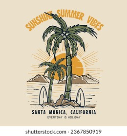 Hand drawn coconut trees standing by the sea, mountains by the sea, the rising sun spreading its rays, this art use for T-shirt , shirt, sweatshirt, poste