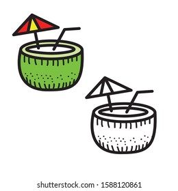 Hand drawn coconut water vector illustration with two version; black and colored, isolated on white background. Coconut drink doodle, coconut drink clip art