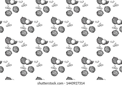 Hand drawn coconuts outline seamless pattern. Vector black sketch ink drawing coco fruits. Graphic illustration, isolated on white background.