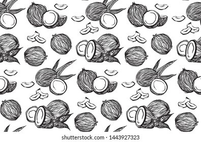 Hand drawn coconuts outline sketch seamless pattern. Vector black ink drawing coco fruits. Graphic illustration, isolated on white background.