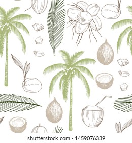 Hand drawn coconuts and palm leaf. Vector  seamless pattern 