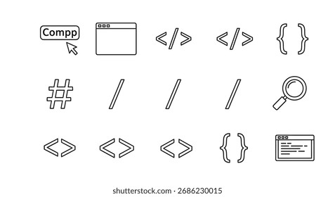 Hand drawn coding icons set representing programming languages and web development concepts vector