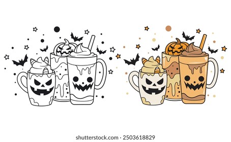 Hand drawn coffe latte Halloween, spooky pumpkin, vector