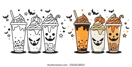 Hand drawn coffe latte Halloween, spooky pumpkin, vector