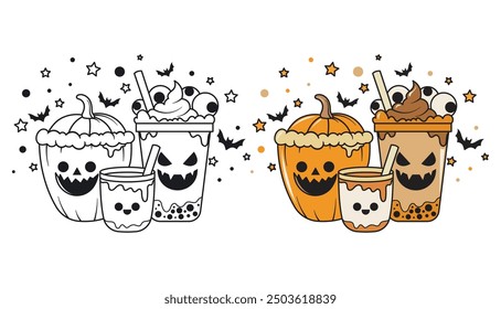 Hand drawn coffe latte Halloween, spooky pumpkin, vector