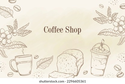 Hand drawn coffee background. bread, hot and ice coffee