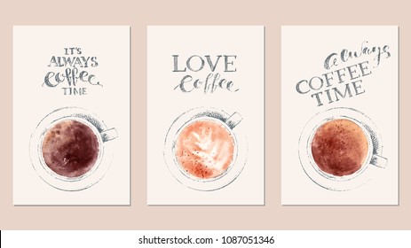 Hand drawn coffee backgrounds with cup of cappuccino and americano, top view and lettering. For coffee menu and food background.