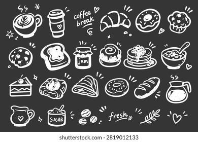 Hand Drawn Coffee and Bakery Doodle Icon Set with Breakfast Food, Pastries, Bread and Dessert Vector Collection