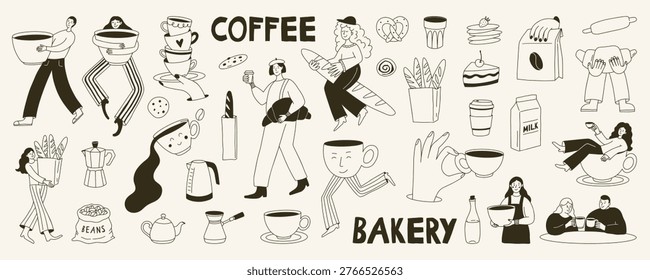 Hand drawn coffee and bakery illustration set in cute doodle style. Includes cups, croissants, cakes, bread and man, woman barista characters. Perfect for cafe menu, poster, sticker, brunch  design