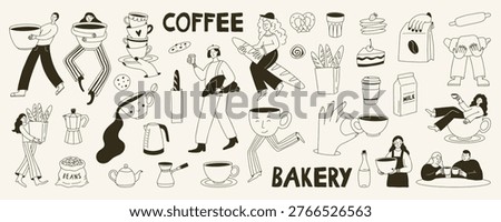 Hand drawn coffee and bakery illustration set in cute doodle style. Includes cups, croissants, cakes, bread and man, woman barista characters. Perfect for cafe menu, poster, sticker, brunch  design