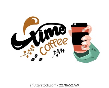 Hand drawn coffee banner. Latte time lettering with paper cup and coffee grains