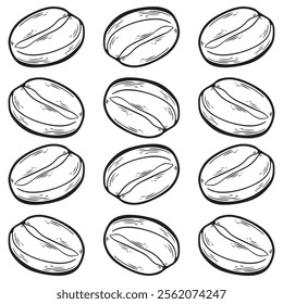 Hand drawn coffee bean pattern. Isolated on a white background.  For coffee shop branding, packaging, cafe menus, and beverage-themed projects.