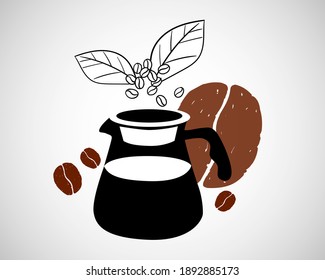 Hand drawn coffee bean and coffee pot, Isolated on white background, Vector illustration